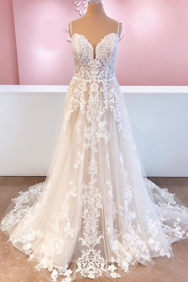 Elegant Spaghetti Straps Backless A-Line Tulle Wedding Dress With Appliques Lace | Ballbellas Ballbellas