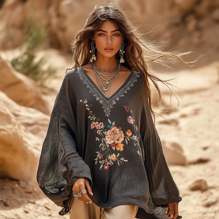 Utbros Boho Floral Embroidery Print Cotton And Linen Blend Loose Blouse