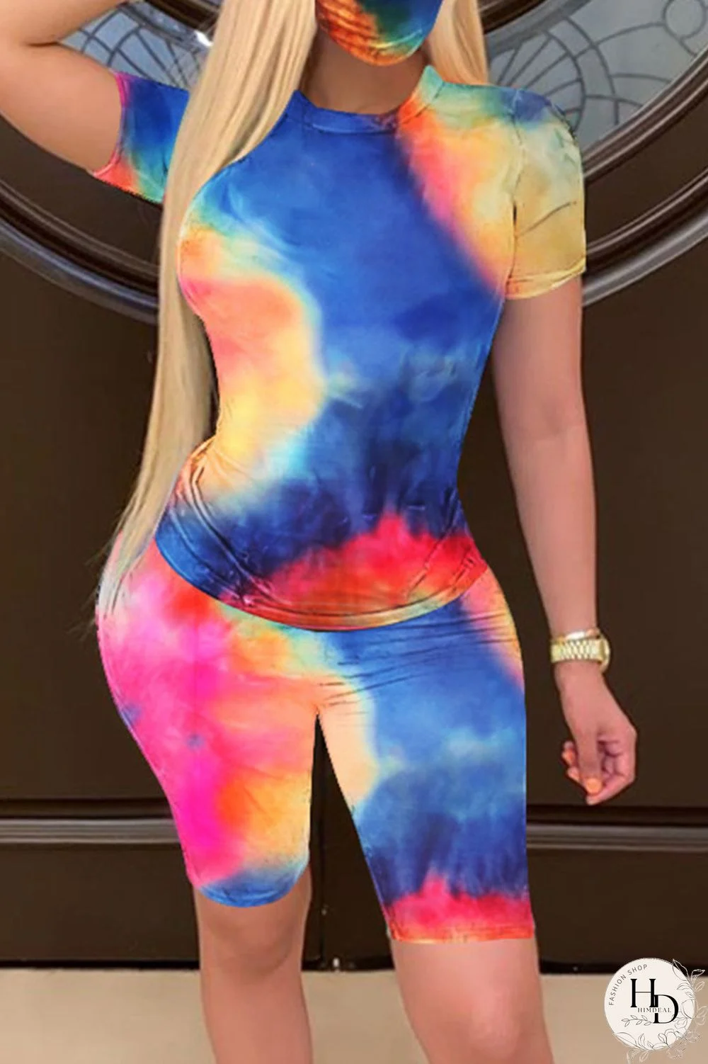 Blue Orange Fashion Casual Print Basic O Neck Short Sleeve Two Pieces