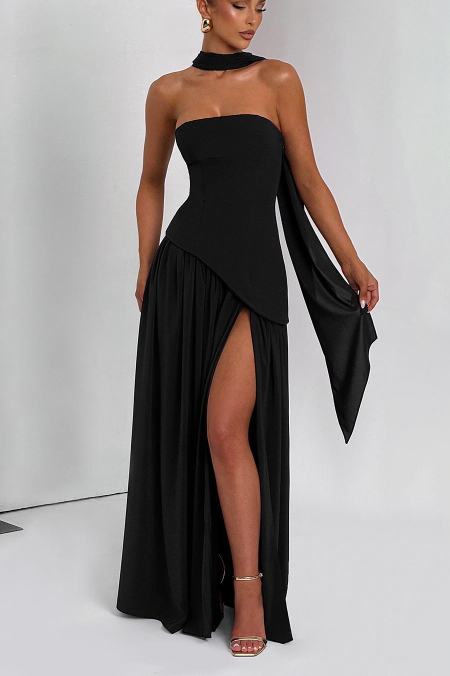 Lussooy Strapless Elegant Black Sleeveless Pleated Split Prom Dress with Scarf 