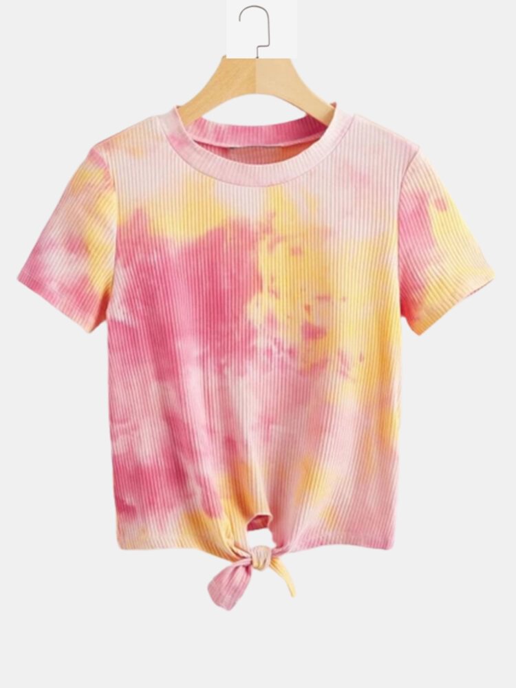 Tie Dye Print Knotted Short Sleeves O neck Casual T shirt For Women P1694547