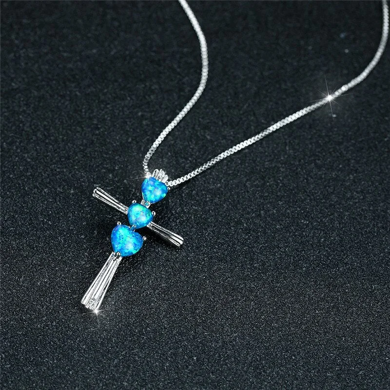 Boho Female Cross Long Pendant Necklace Cute Silver Color Chain Necklaces Vintage Blue Haert Opal Wedding Necklaces For Women