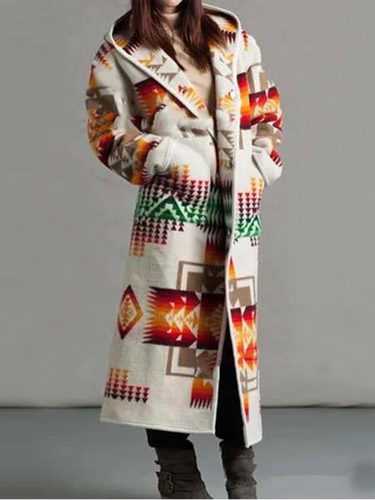 Shawl Collar Geo Pattern Hooded Coat