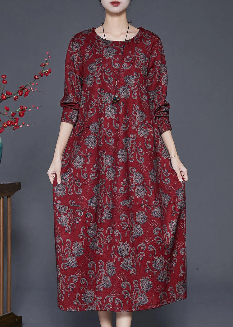 Red Print Cotton Long Dresses O-Neck Oversized Fall