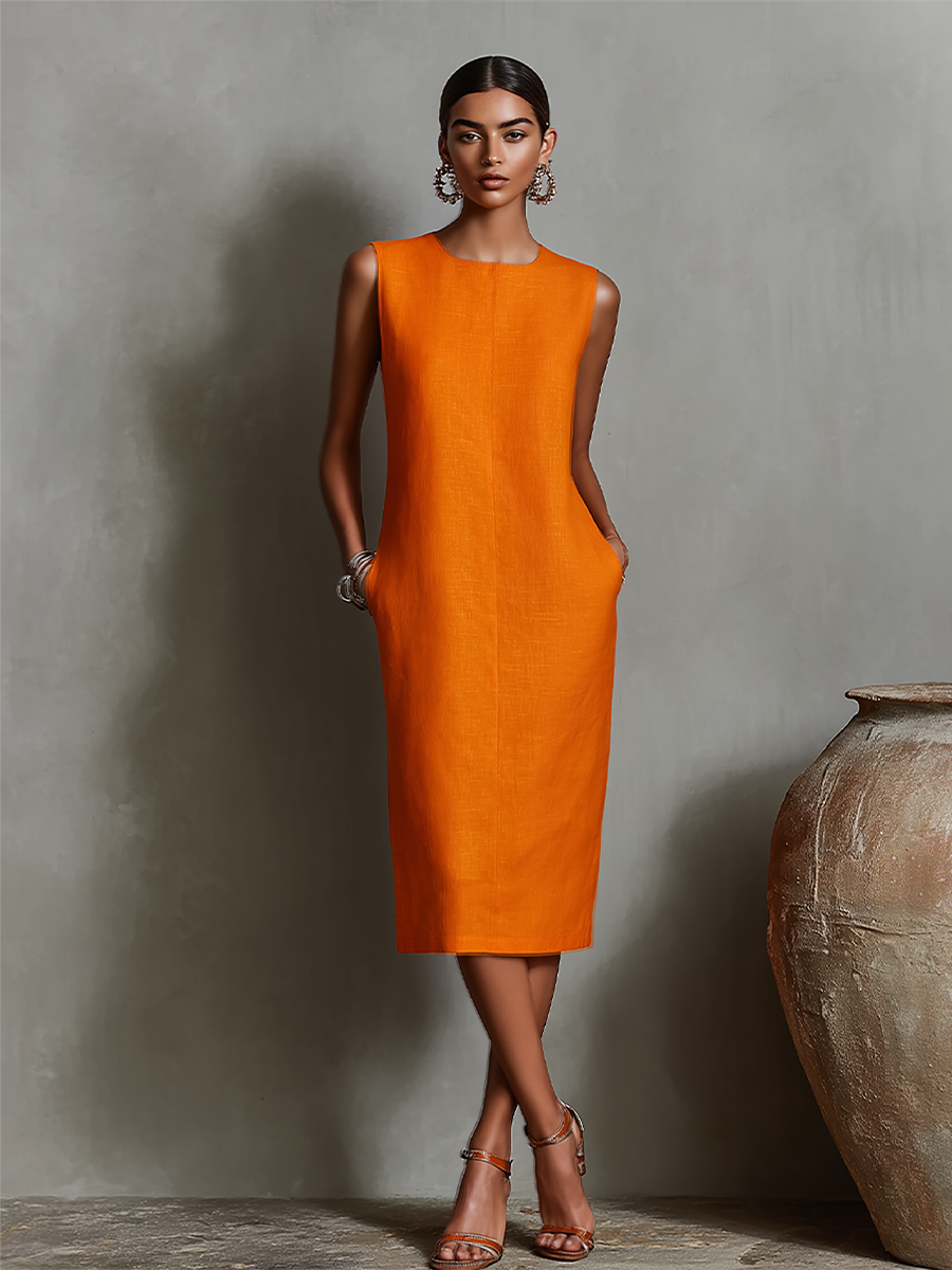 Women's Orange Linen Shift Dress With Sleeveless Round Neck & Side Pockets, Timeless Minimalist-Elegant Style Dress MDZ2851C7I mysite idetrend