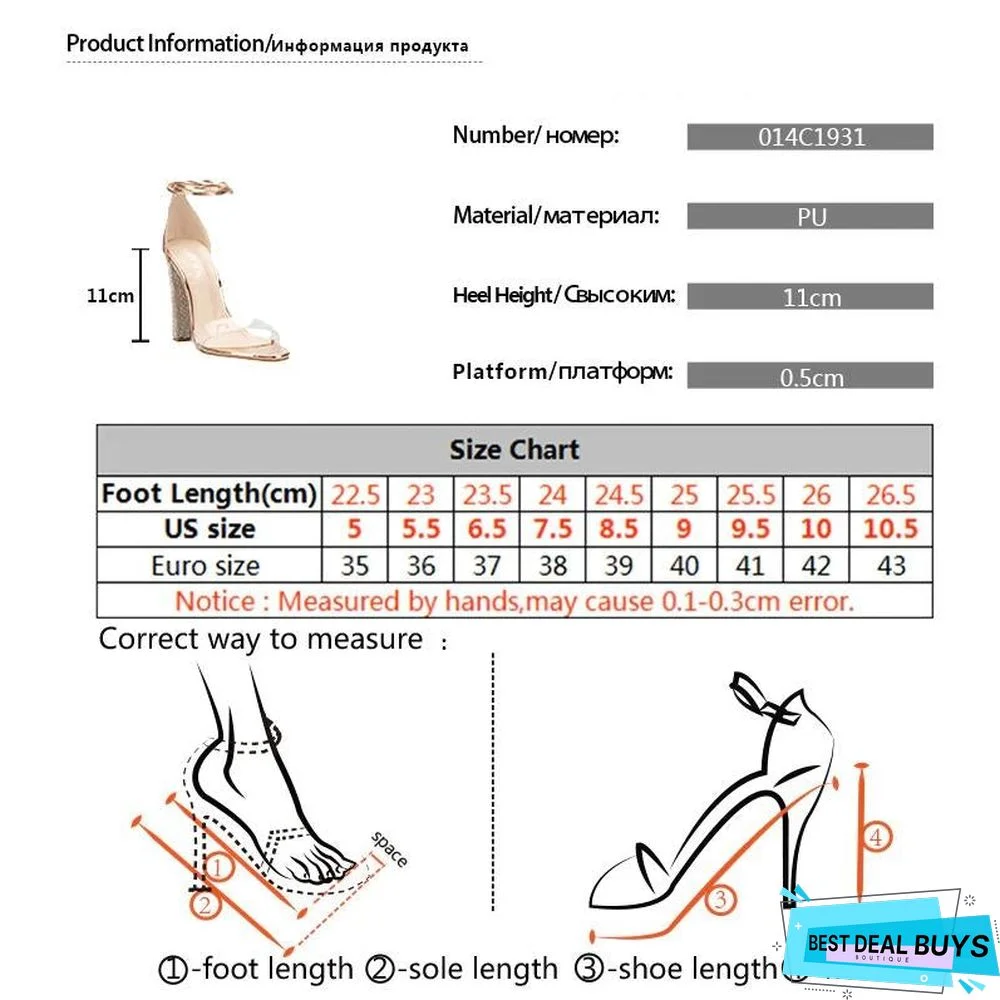 Women Heeled Sandals Bandage Rhinestone Ankle Strap Pumps Square Heels Sandals