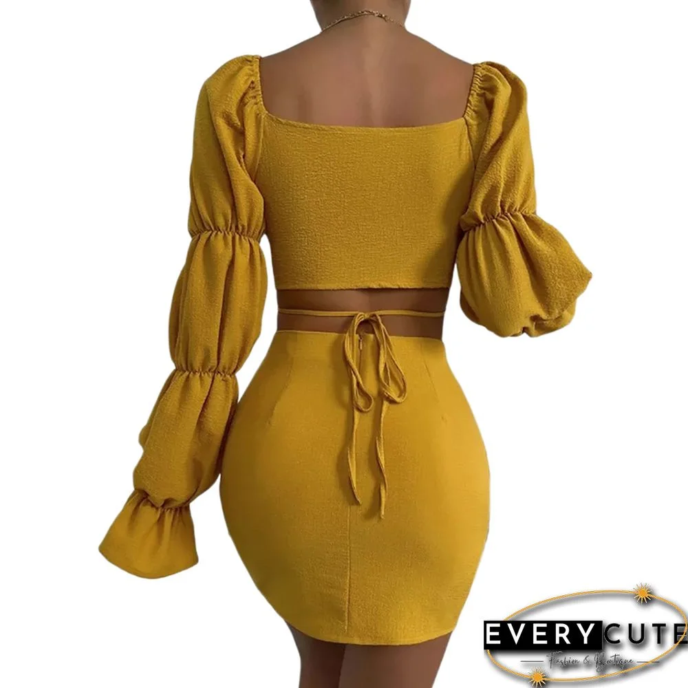 Yellow Hollow-out V Neck Crop Top and Skirts 2pcs Set