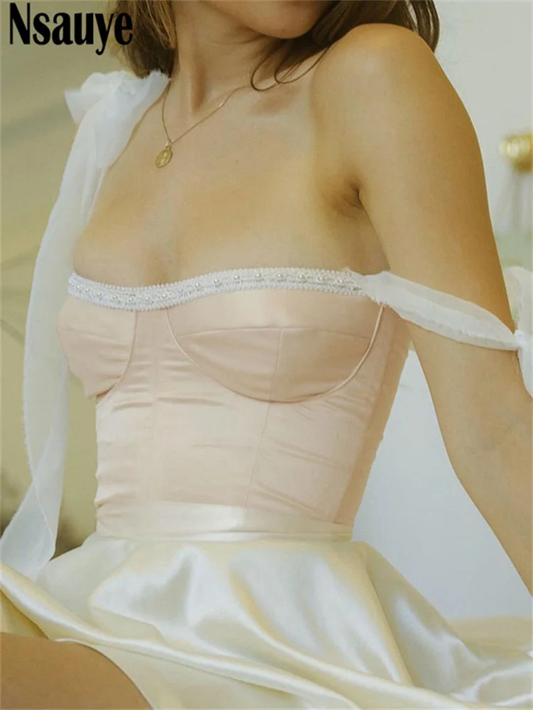 Nsauye Satin Fashion Kawaii Lace Patchwork Sleeveless Off Shoulder Skinny Crop Tops Y2K Streetwear Women Backless Tank Tops 2022