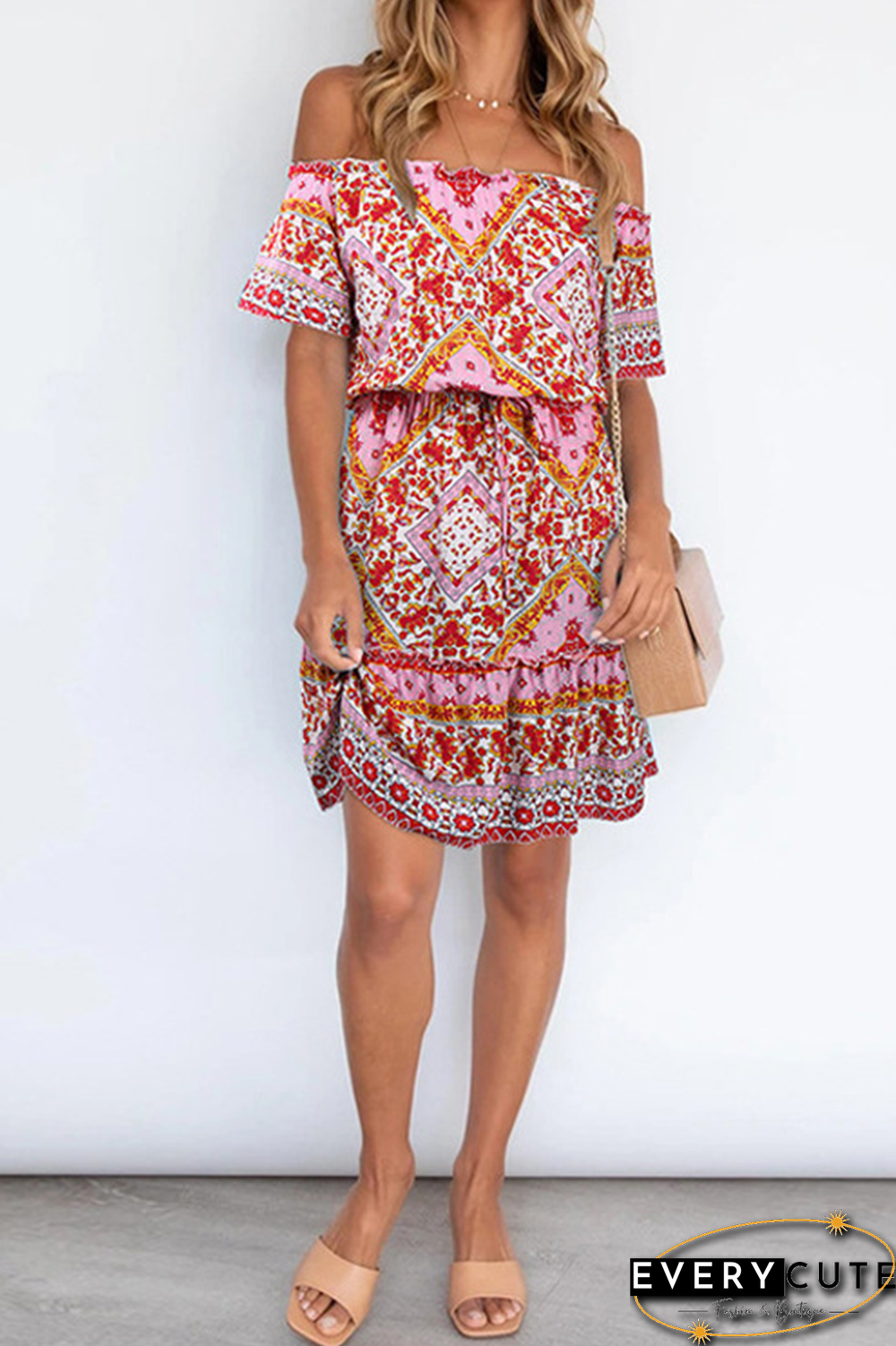 Bohemian Print Split Joint Off the Shoulder A Line Dresses