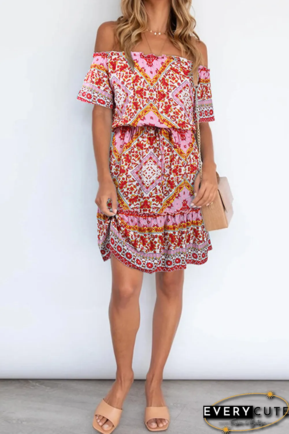 Bohemian Print Split Joint Off the Shoulder A Line Dresses