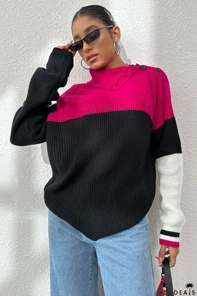 Contrast Buttoned Cutout Long Sleeve Sweater