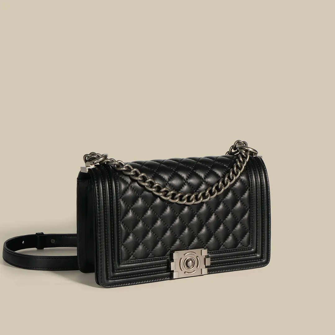 Calfskin Ruthenium Finish Metal Black Large Handbag-vocosishoes