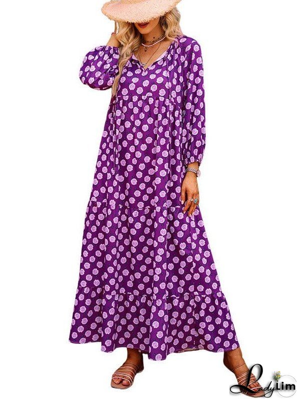 Polka Dot Print Purple Long Skirt With Versatile Styling