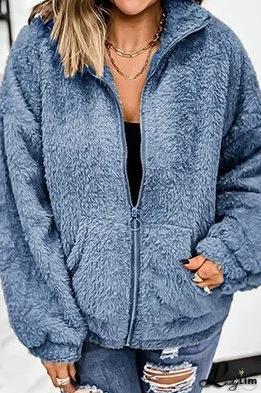 Solid Pocket Zipper Zipper Collar Outerwear