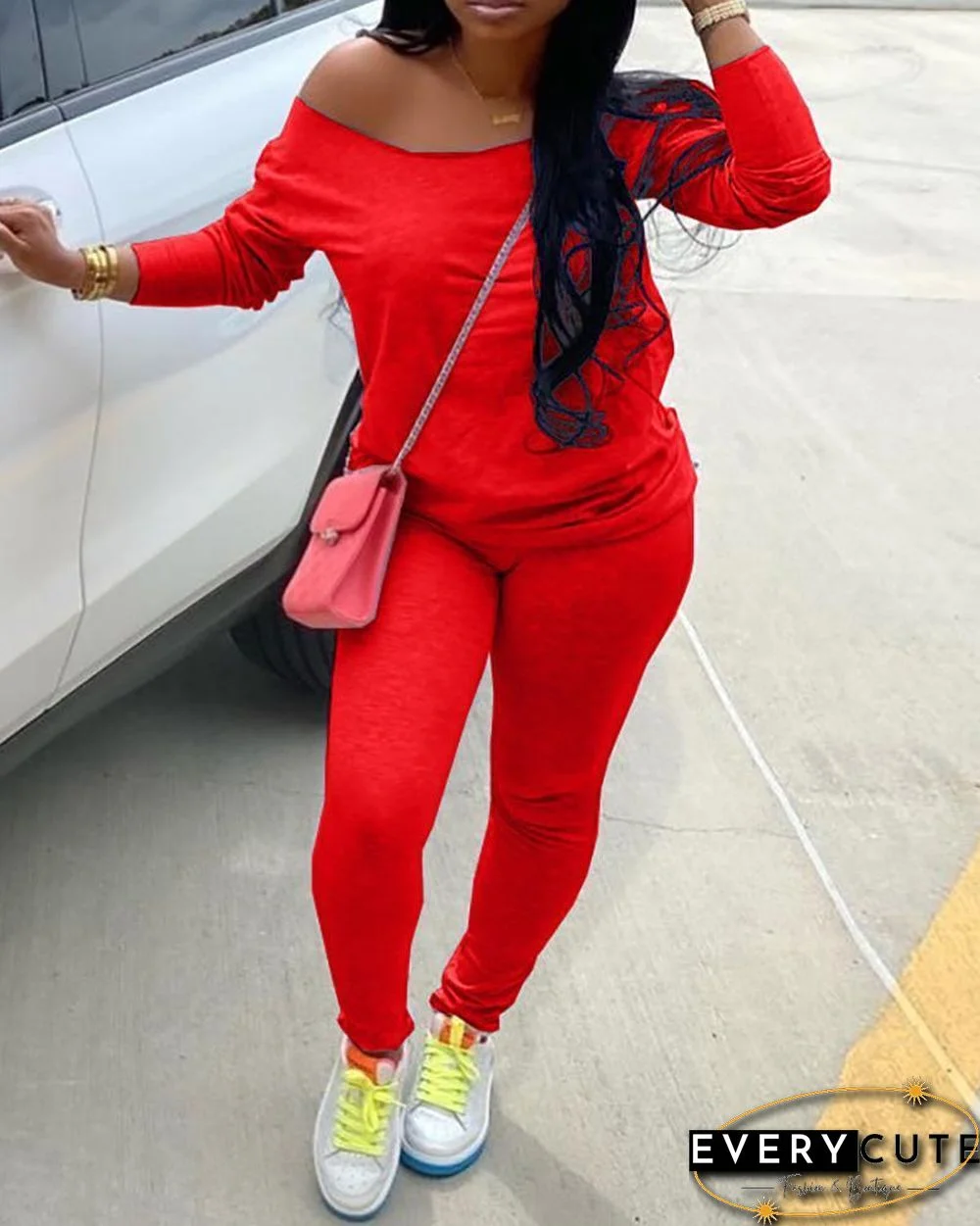 Solid Long Sleeve Top & Fitted Pants Set P15210