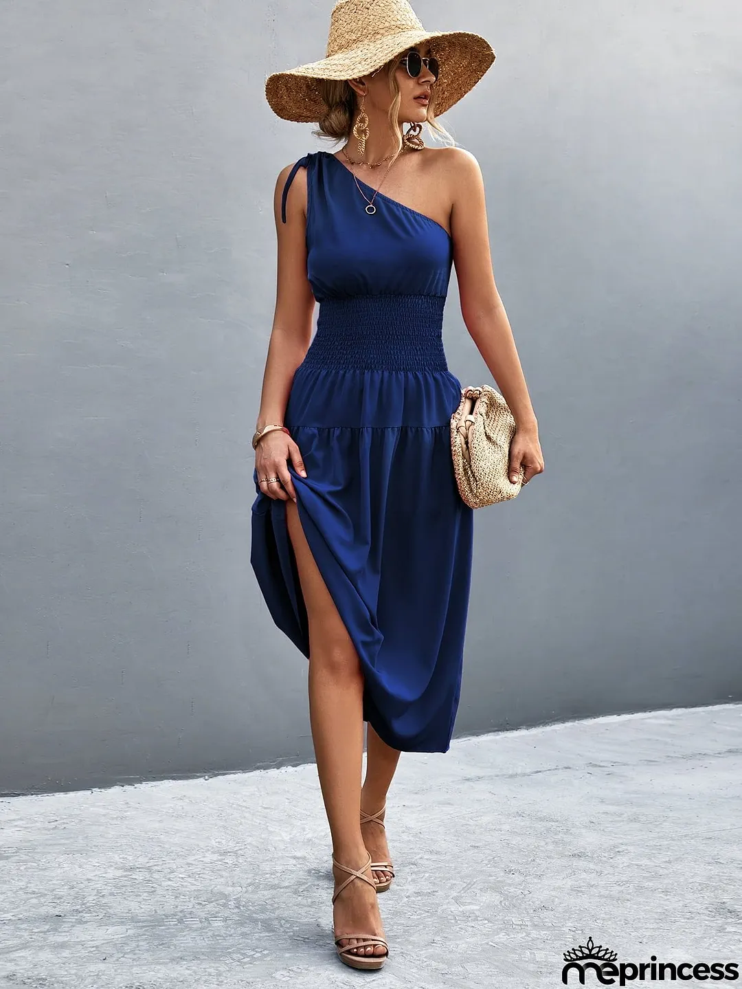 Asymmetrical One Shoulder Smocked Waist Midi Dress