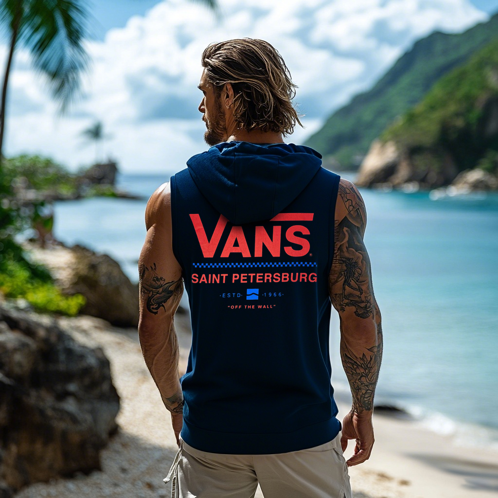 Men's Vintage Surf-Inspired Graphic Hooded Tank Top