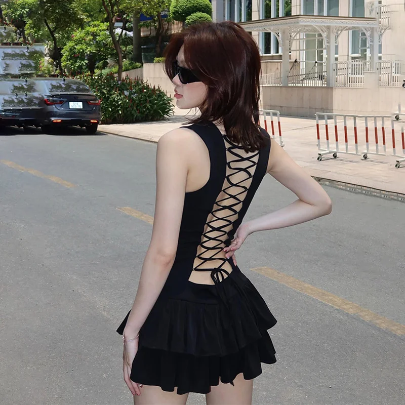 Uveng Uveng Summer New Sexy Temperament Hot Girl Back Hollow Tie Round Collar Slim Dress