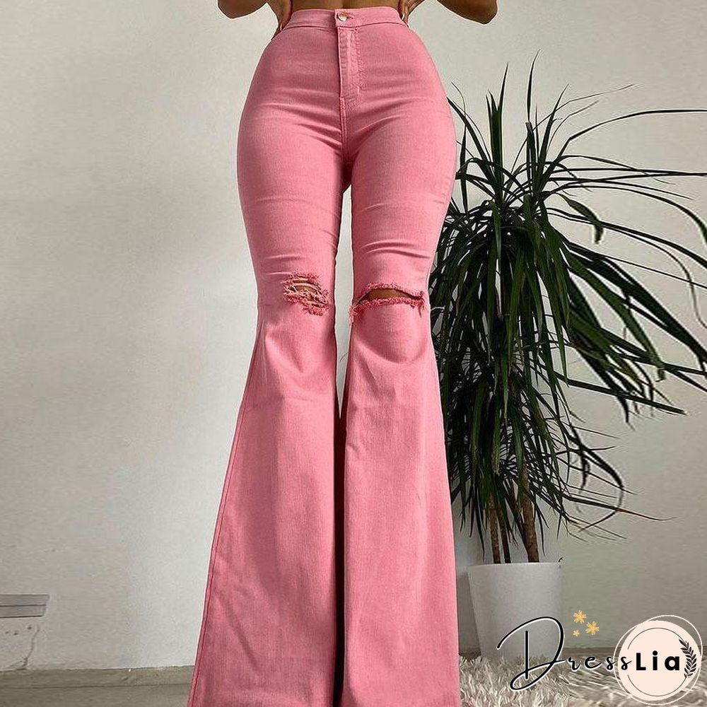 High Waist Plain Hole Elastic Pants