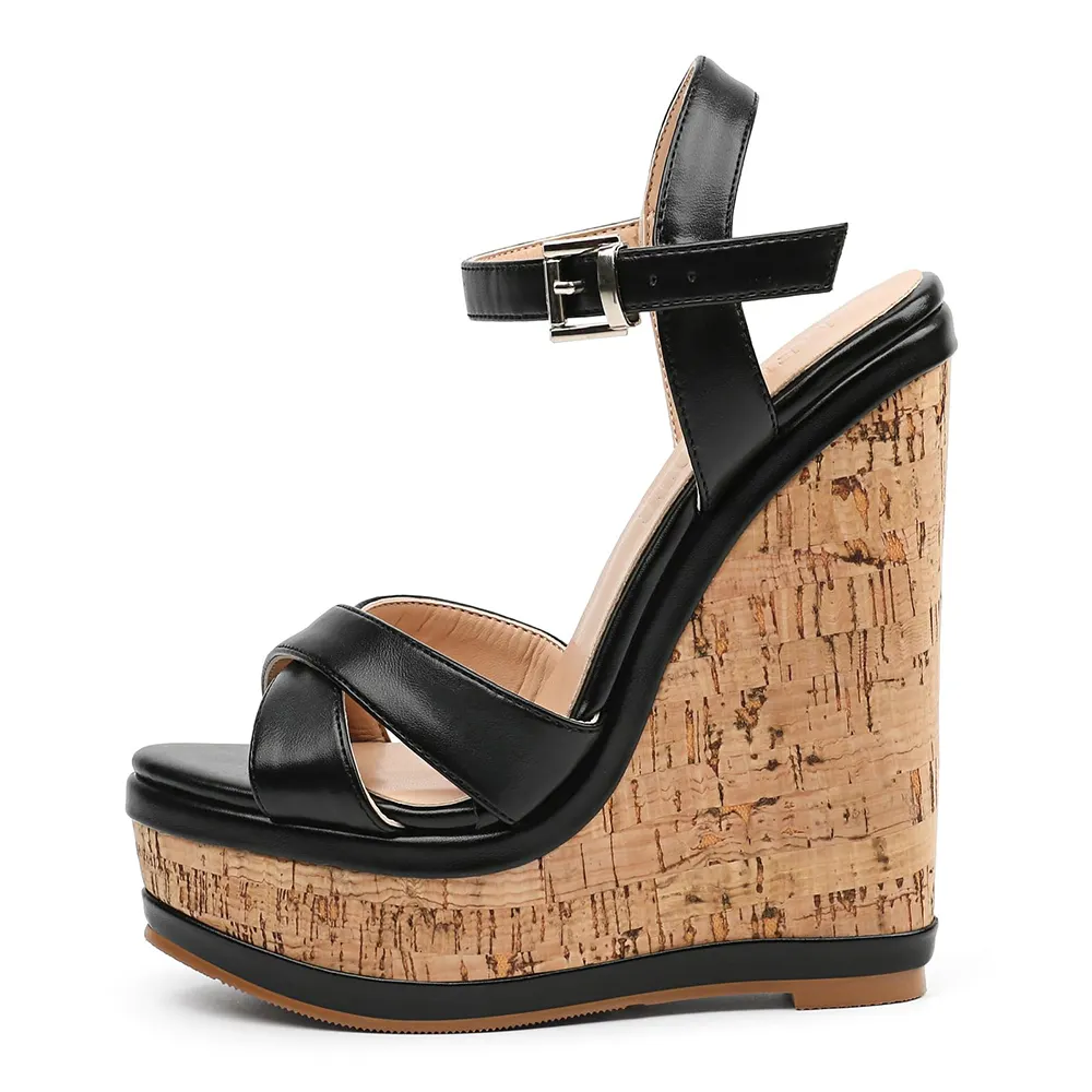 150mm/5.9" Women's Fashion Platform Wedge Sandals Heeled Buckle Shoes For Summer-vocosishoes