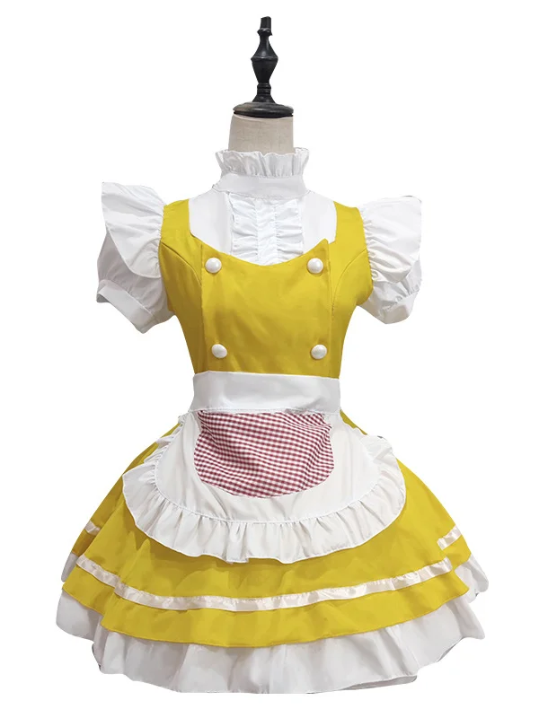 Lolita Mock Neck Paneled Tiered Bubble Sleeve Pleated Ruffled Mini Maid Dress 