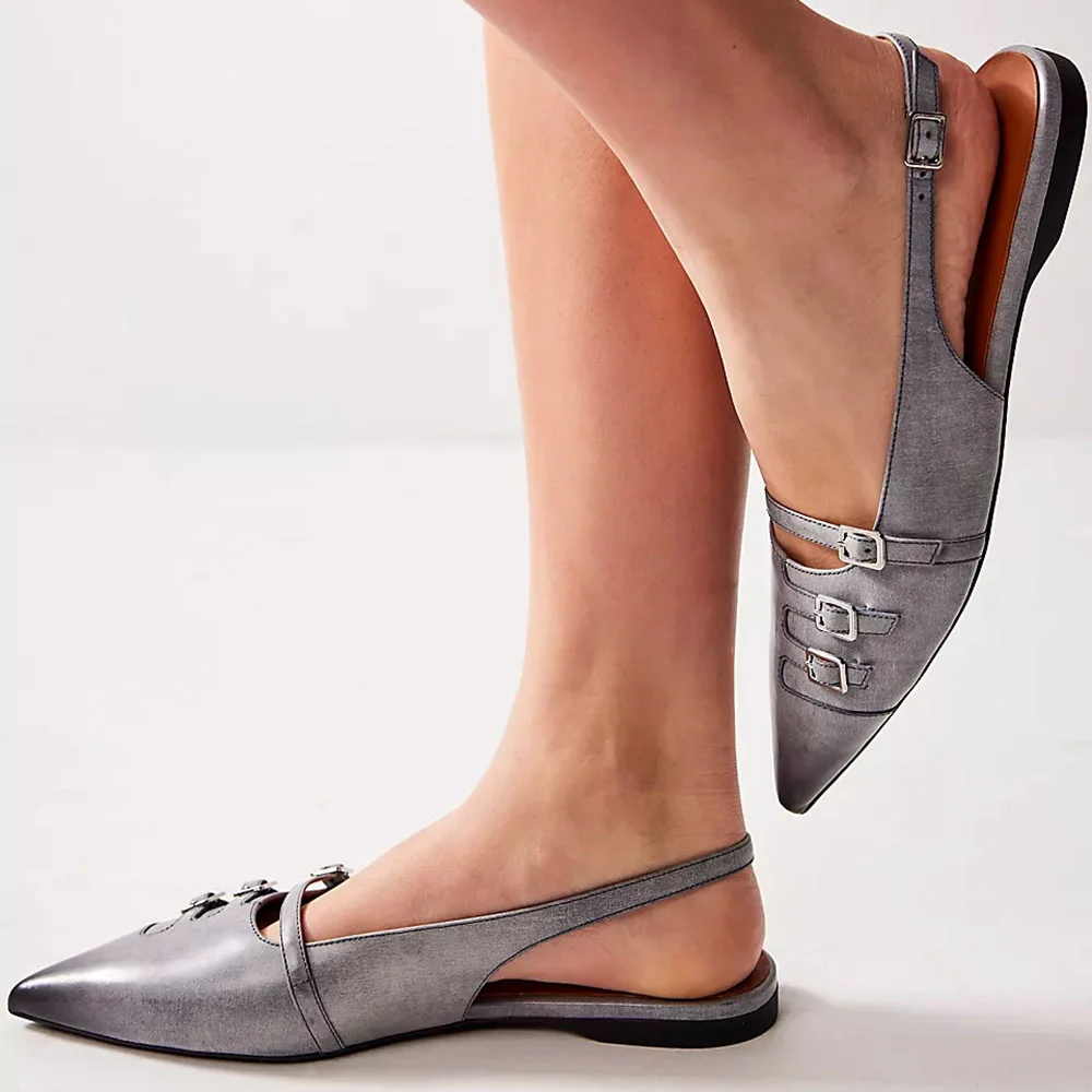 Gray Vegan Leather Pointed Toe Buckled Slingback Strappy Flat Pumps Nicepairs