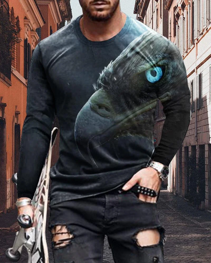Men's Fashion Bald Eagle Stitching Printing Long-sleeved T-shirt