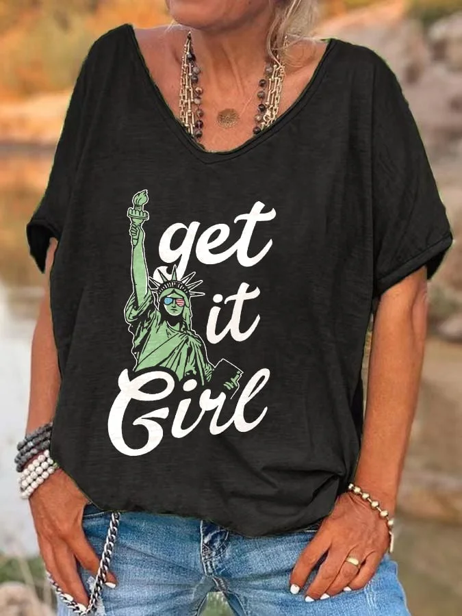 Retro V-neck Get It Girl Print T-Shirt