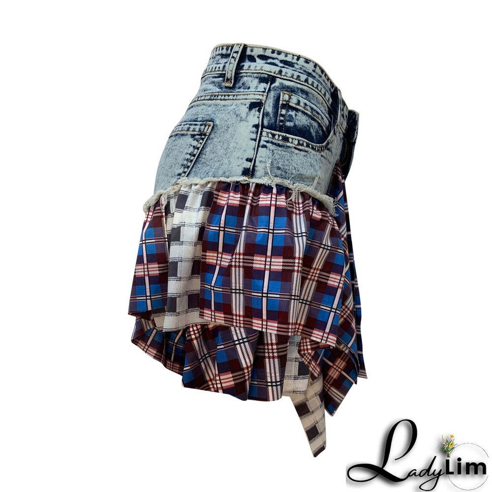Summer Trend Ladies Denim Houndstooth Patchwork Denim Ruffle Short
