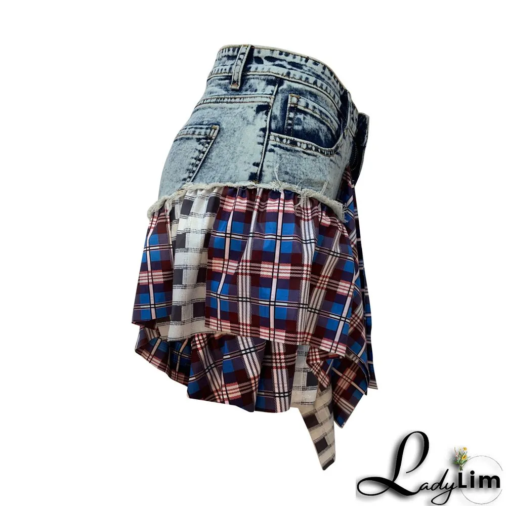 Summer Trend Ladies Denim Houndstooth Patchwork Denim Ruffle Short