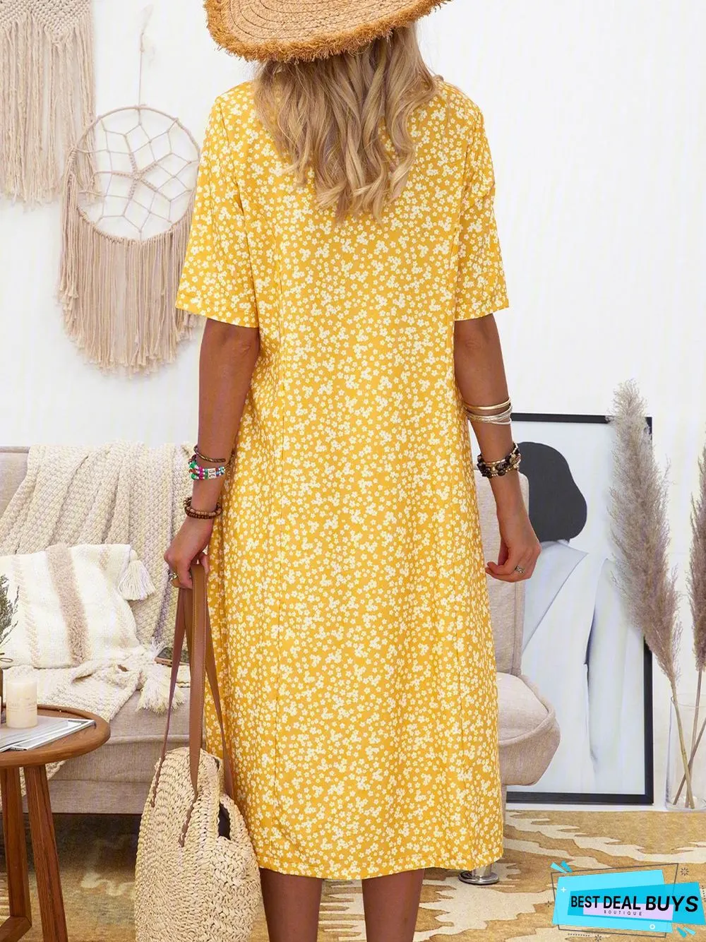 Women Short Sleeve Round Neck Floral-Print Causal Midi Dress