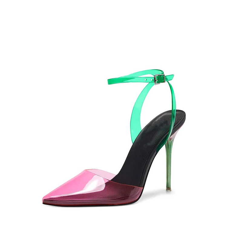 Custom Made Pink and Green Clear Ankle Strap Pointed Toe Heels |FSJ Shoes
