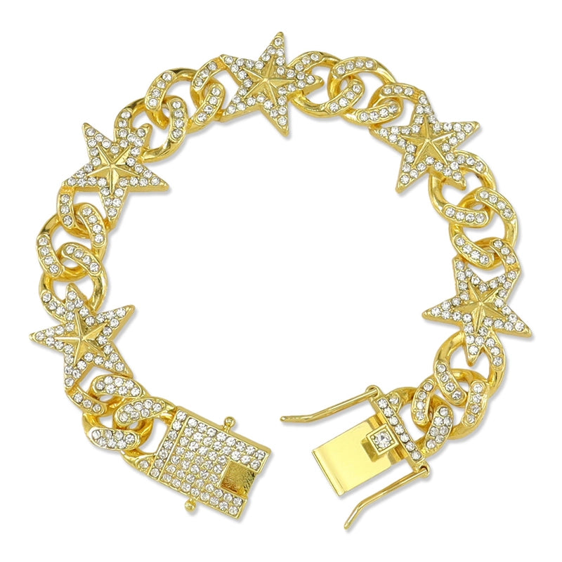 Cool Full Diamond Hip Hop Five-Pointed Star Men’s Brace Lace Bracelet Rap Hip Hop Star Chain Bracelet
