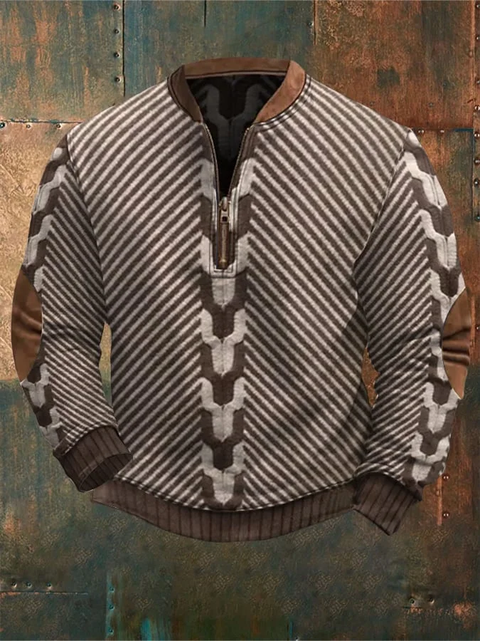 Men'S Retro Print Casual Zip Sweater