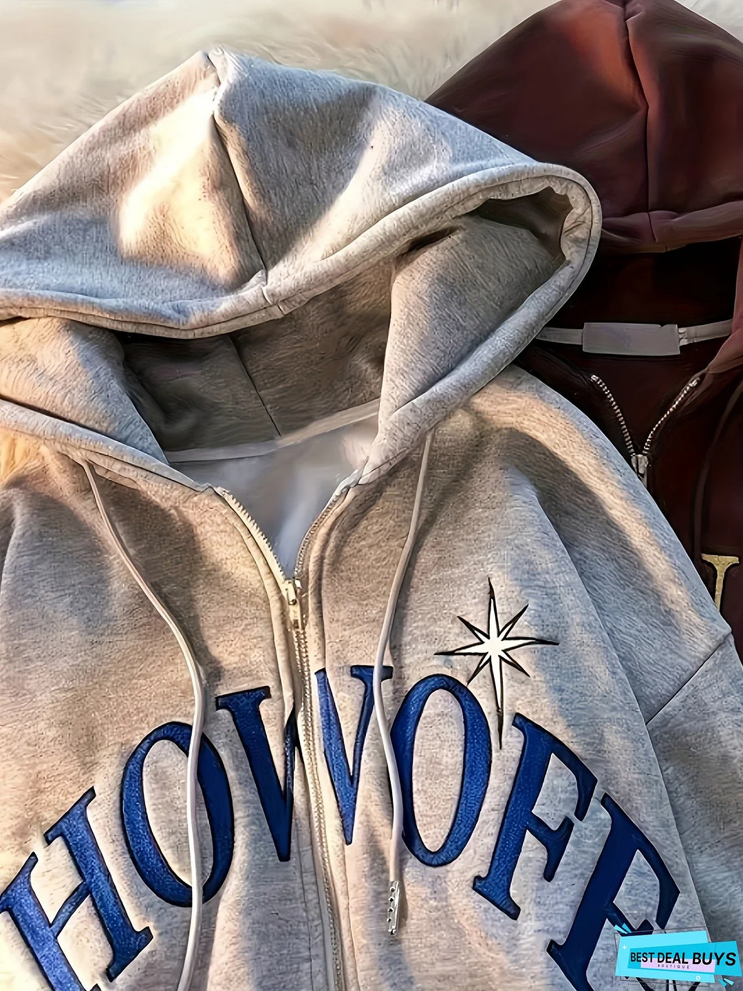 Letter Print Zip Up Drawstring Hoodie, Casual Long Sleeve Loose Sweatshirt With Pocket, Women's Clothing