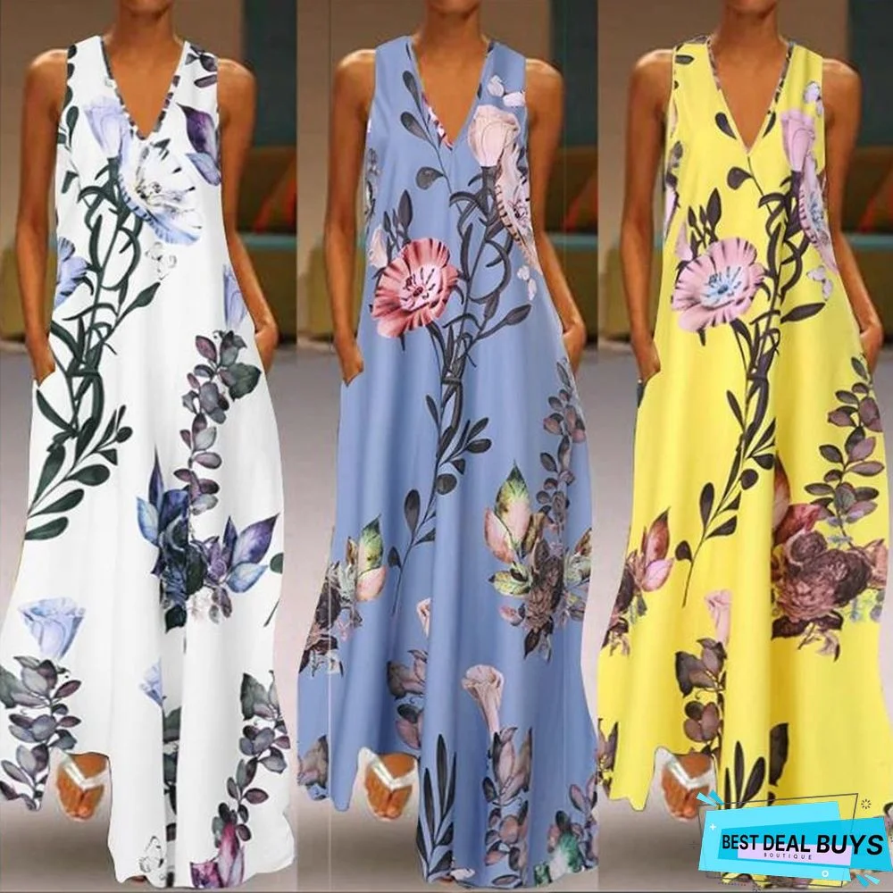 Printed Deep V-Neck Dress Sleeveless A-Word Large Size Long Dress White Dresses