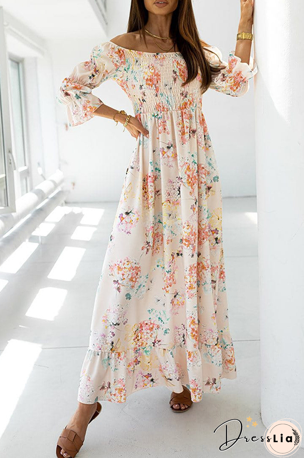 Elegant Floral Flounce Fold Off the Shoulder A Line Dresses