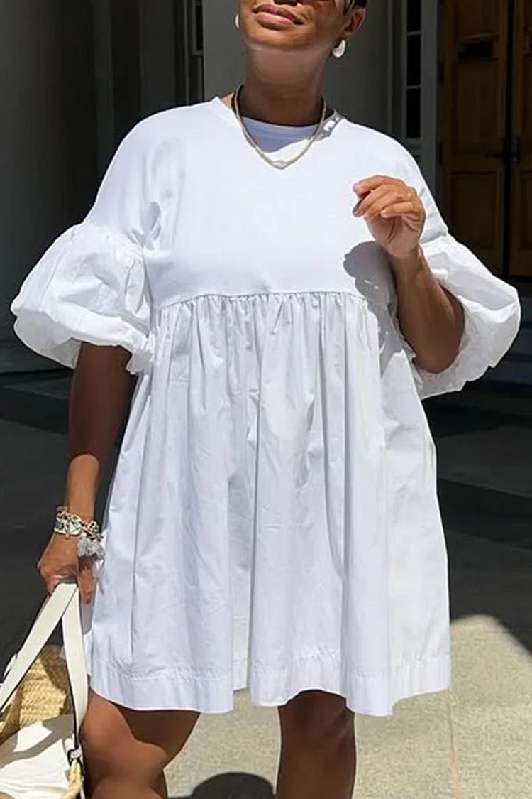 Plus Size Vacation White Casual Round Neck Lantern Sleeve Half Sleeve Mini Dresses [Pre-Order] 2024 - Xpluswear