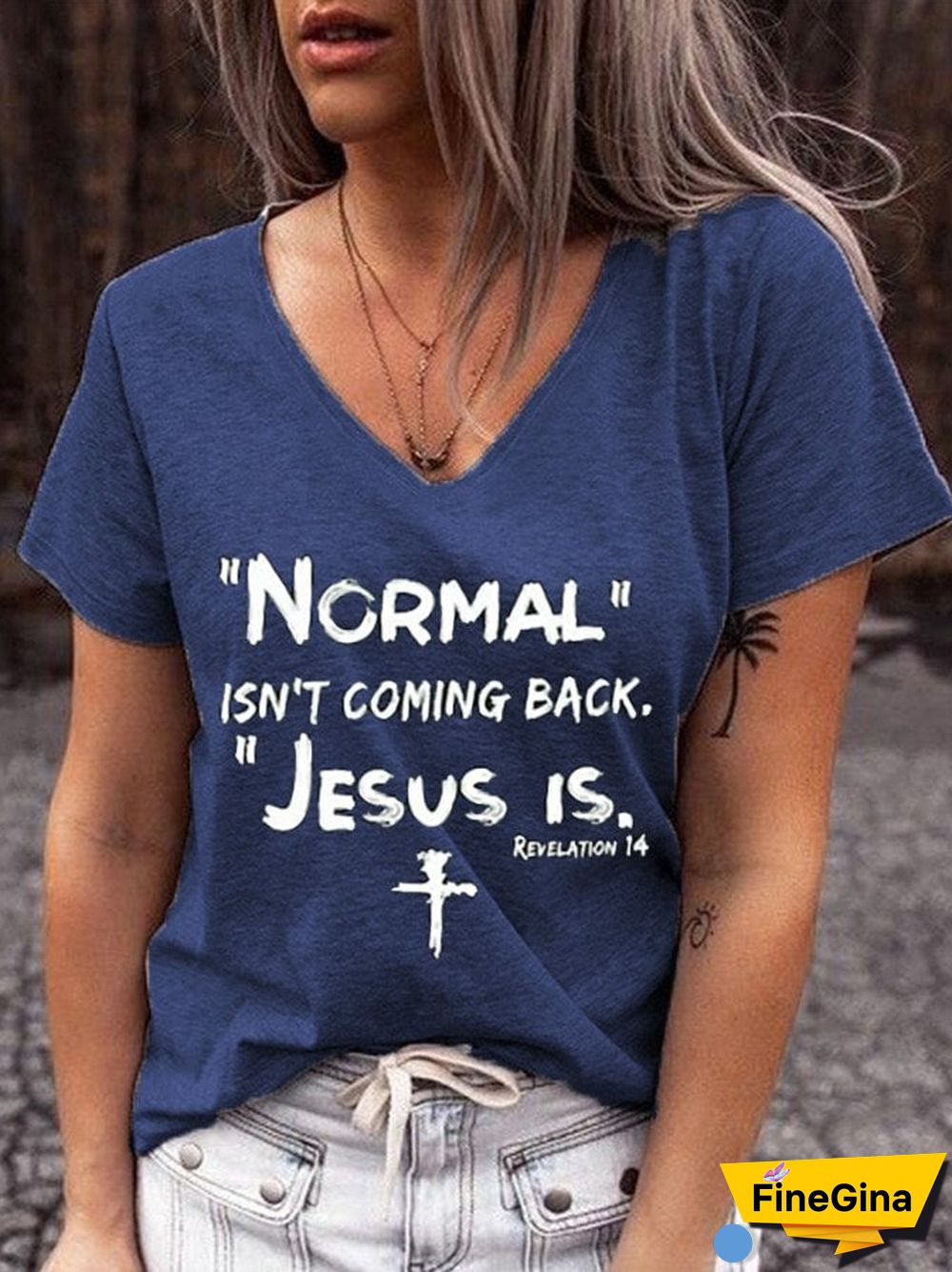 Women's NORMAL ISN'T COMING BACK JESUS IS cross print V-neck T-shirt