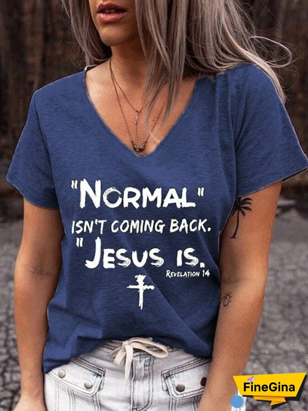 Women's NORMAL ISN'T COMING BACK JESUS IS cross print V-neck T-shirt
