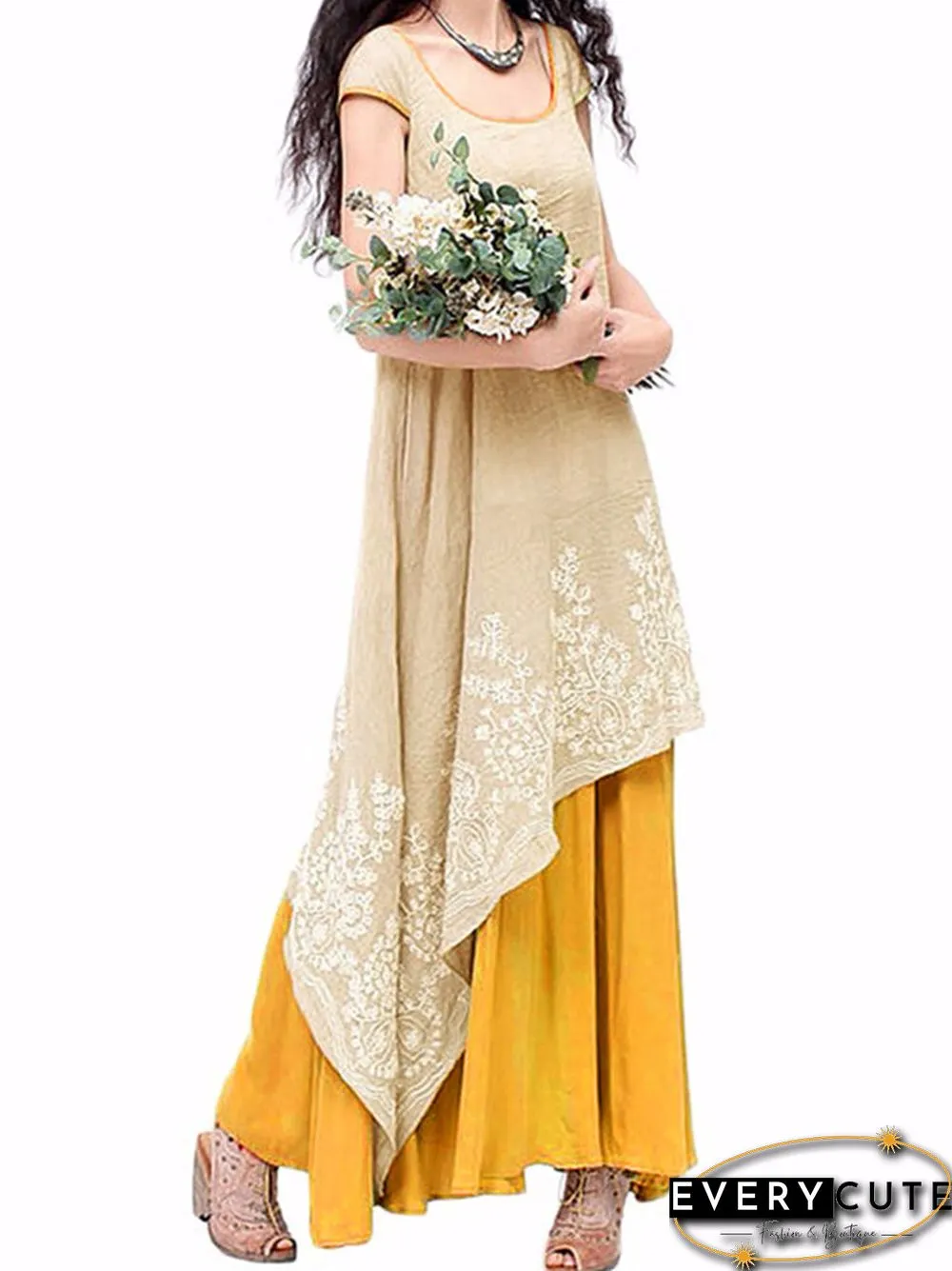 Vintage Floral Embroidered Sleeveless Two Layers Long Maxi Dresses