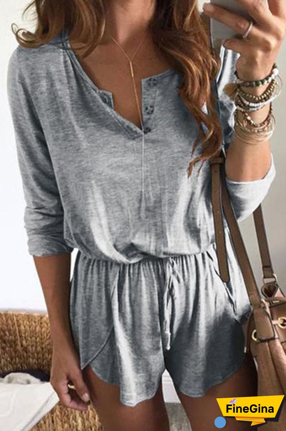Solid Color Long Sleeve Tie Waist Romper P15011