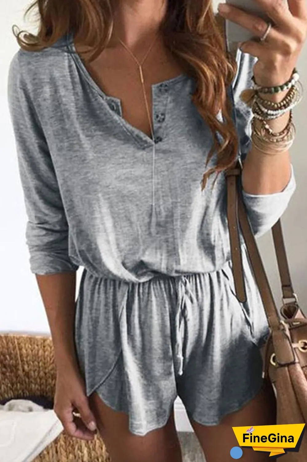 Solid Color Long Sleeve Tie Waist Romper P15011