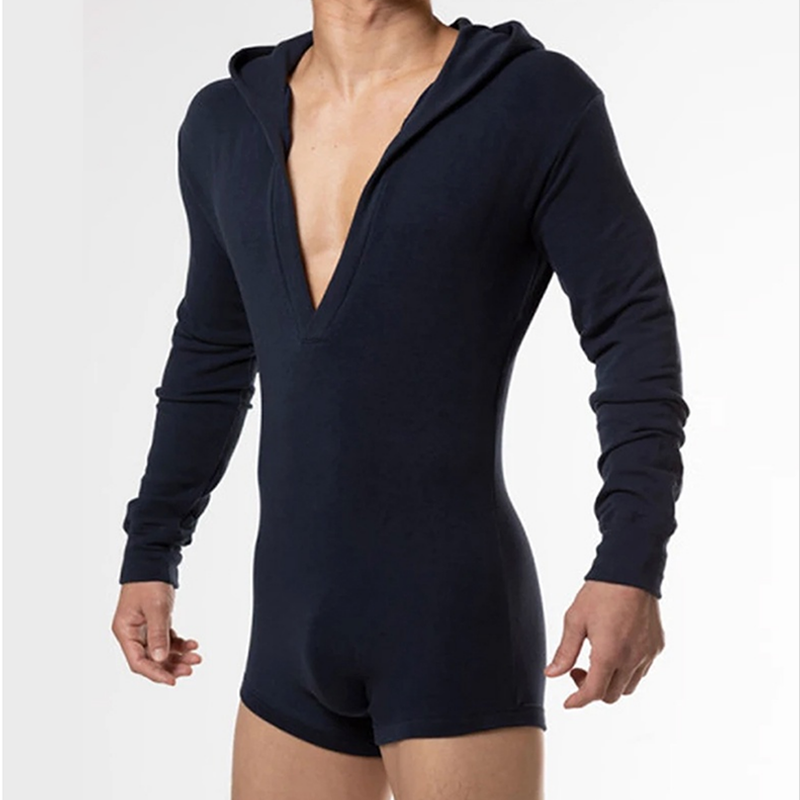 Men's Casual Solid Color Long Sleeve V-Neck Hooded Short Jumpsuit、、URBENIE