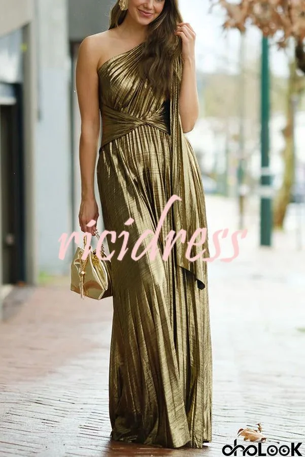 Exceptionally Chic Metallic Gold One Shoulder Drape Sleeve Pleated Maxi Dress