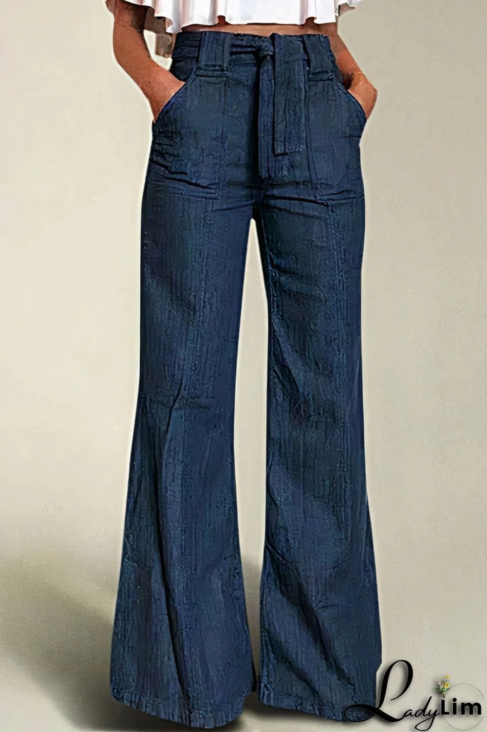 Pocket Detail Belted High Rise Flare Jeans