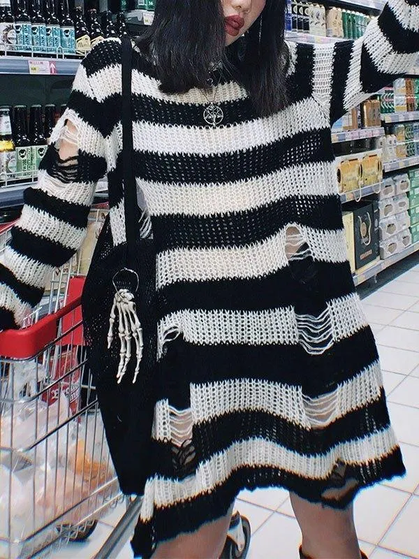 Brownm Distressed Stripe Longline Sweater