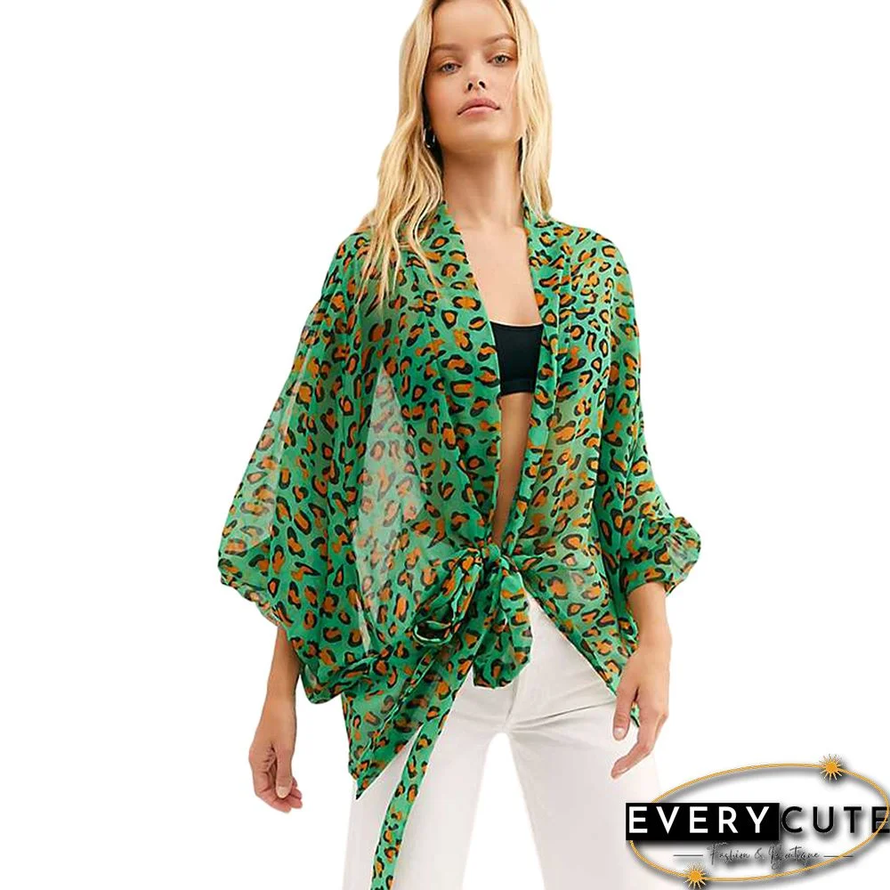 Green Leopart Print Bowknot Cardigan Chiffon Cover Up