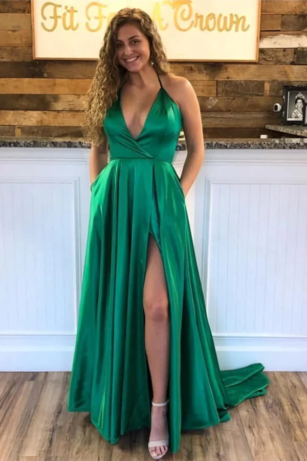 Halter V-Neck Slit Prom Dress Long Evening Party Gowns On Sale - lulusllly