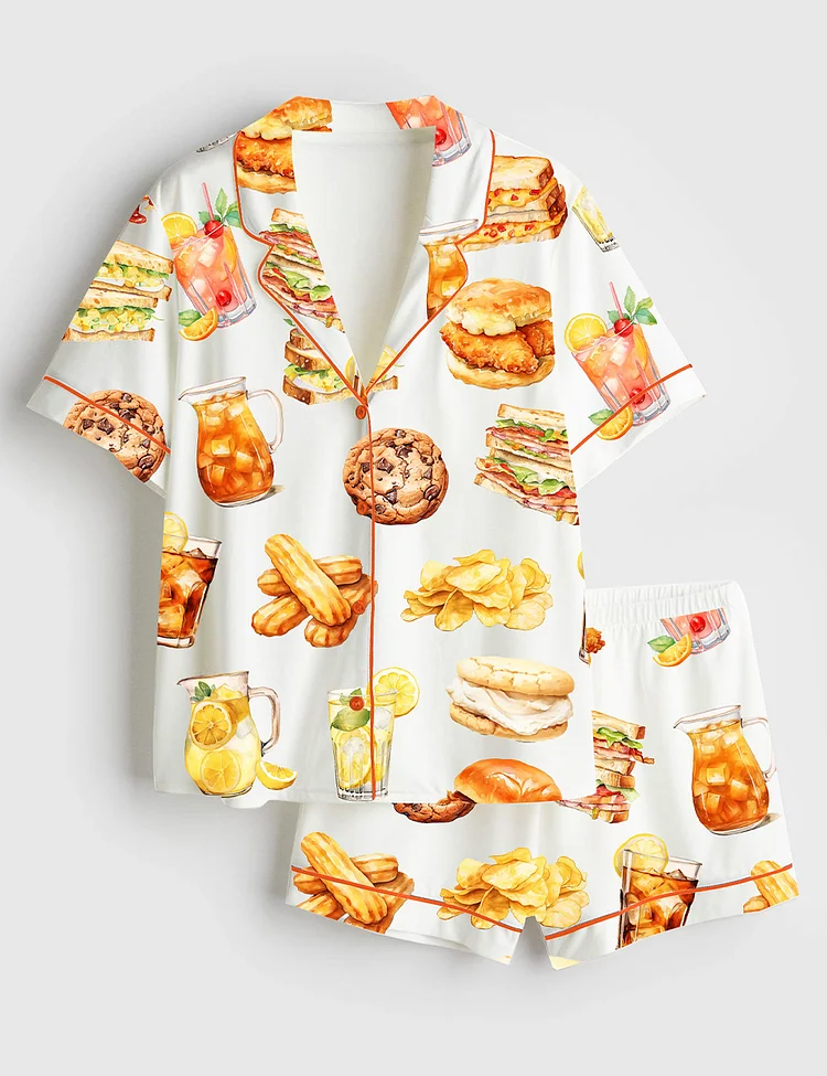 Women&rsquo;s Fast Food Cheese Hamburger Cocktails Cookie Tasty Food Print Short Sleeve Satin Pajama Set